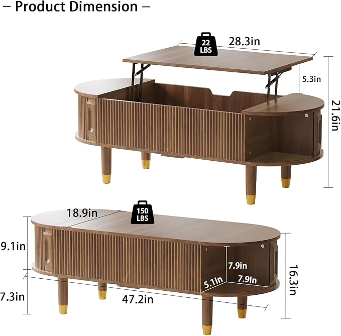 Oval Wood Coffee Table,Fluted Lift Top Coffee Table with Sliding Door and Solid Wood Legs,Suitable for Living Room,Home Office,and Apartment. (Walnut)