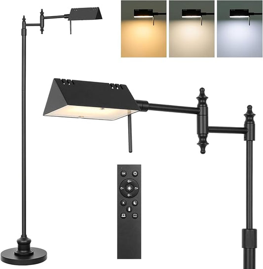 Bairth Dimmable Pharmacy Floor Lamp with Remote, 17W LED Reading Floor Lamp with 360°Swing Arm, 3 Color Temperature, Height Adjustable Black Standing Task Lamp for Living Room, Bedroom, Black