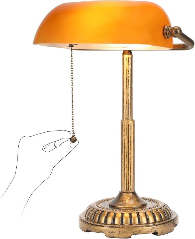 NISSAFORS Bankers Lamp, Amber Desk Lamp with Pull Switch, Vintage Table Lamps for Home Office, Library, Piano (Amber)