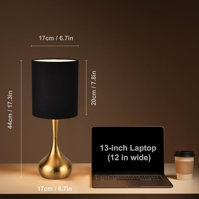 KUNJOULAM Modern Table Lamp, 17.3" Small Desk Light with Brass Metal Droplet Base, Black Cylinder Linen Drum Shade, Nightstand Lamp for Bedroom Living Room Nightstand Office
