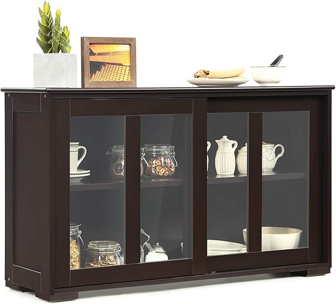 Sideboard Buffet Cabinet, Stackable Cupboard Storage Table with Adjustable Shelf & Glass Sliding Doors, Wooden Credenza Coffee Bar Cabinet for Kitchen/Dining Room/Living Room/Entryway (Coffee)