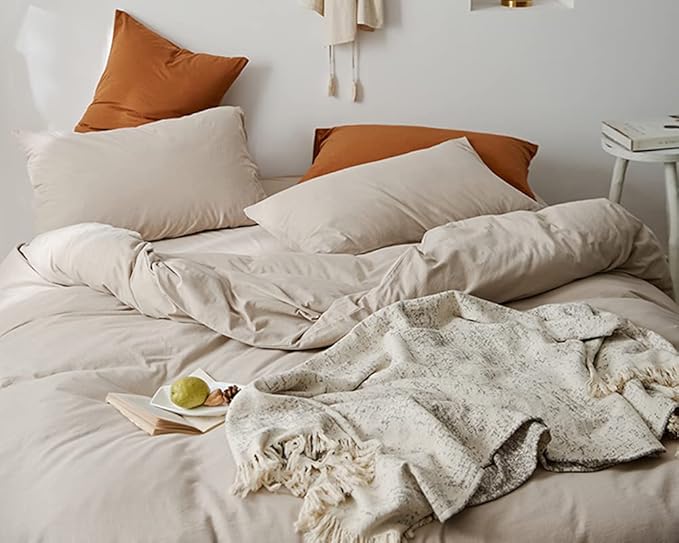 Omelas Beige Duvet Cover Full Size Khaki Birch Apricot Modern Minimalist Style Color Bedding Sets 3 Pieces Soft Lightweight Microfiber Comforter with Zipper Closure for Women Men WJL-OMUS-SJT-BE-Full