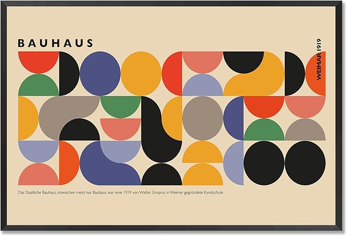 Vintage Bauhaus Weimar 1919 Framed Poster Vibrant Circles And Arcs Minimalist Text Canvas Wall Art Beige Backdrop Prints Painting For Home Bedroom Dorm Wall Decor 16x24in Framed