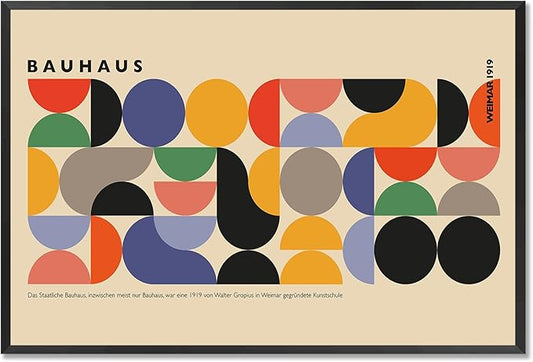 Vintage Bauhaus Weimar 1919 Framed Poster Vibrant Circles And Arcs Minimalist Text Canvas Wall Art Beige Backdrop Prints Painting For Home Bedroom Dorm Wall Decor 8x10in Framed