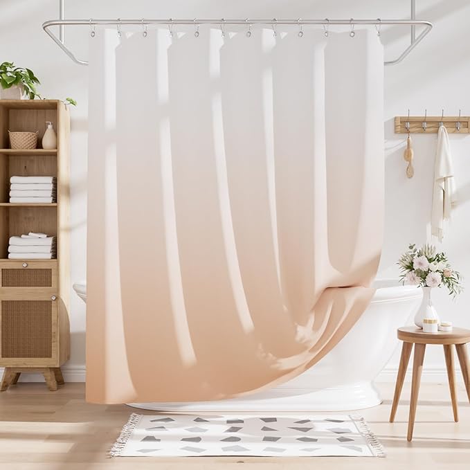 AmazerBath Fabric Shower Curtain, Cloth Khaki Shower Curtain Set with 12 Hooks, Washable Fabric Ombre Khaki and White Shower Curtain, Rustic Modern Bathroom Shower Curtain, 72x72 Inches