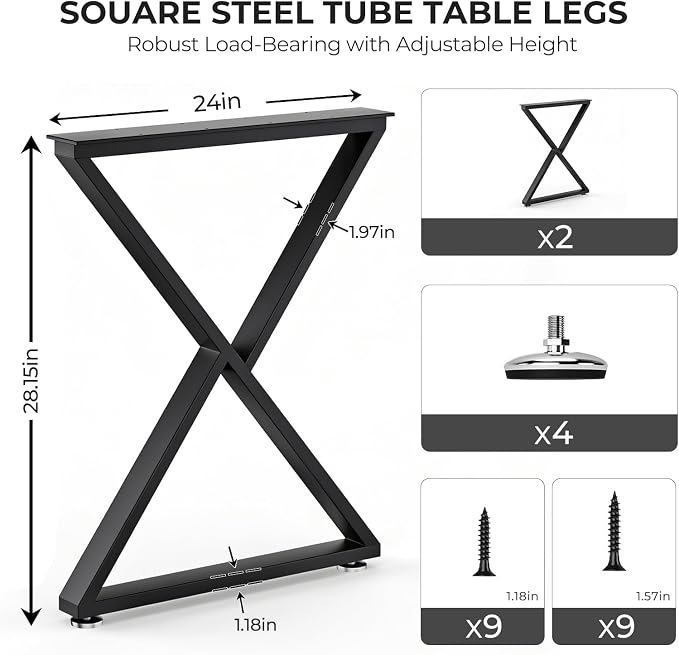 Table Legs 28”H x 24”W Heavy Duty Metal Furniture Legs Z Shape for Dining Table Kitchen Table Office Desk Table Base Replacement with Adjustable Feet Pads Screws 1000 LBS Load Black Set of 2