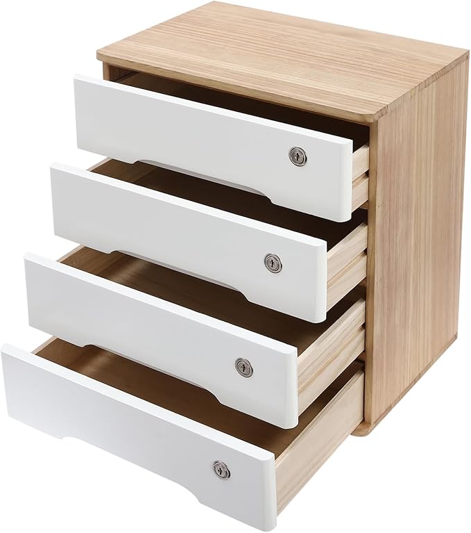 Desktop File Organizer with Lock, 2/3/4 Tier Multi-Drawer Wooden Storage Cabinet, Office Supply Organizer for Home Desk, Study & Workplace (Natural + White, 4 Layers)