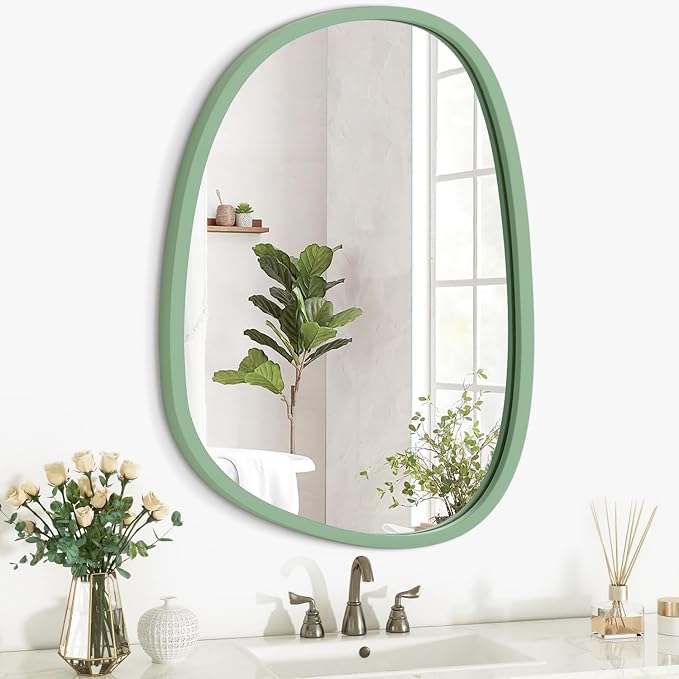 Wooden Framed Irregular Mirror - Modern Artistic Asymmetrical Oval Hanging Wall Mirror for Bathroom, Bedroom, Living Room, Entryway & Hallway