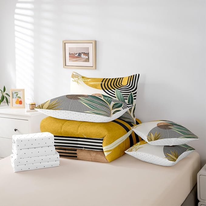 Erosebridal Mid Century Comforter Set King Size Contemporary Bohemian 7 Pcs Bedding Sets,Modern Abstract Stripes Bed in a Bag Geometric Retro Minimalism Quilt with Flat Fitted Sheet,Yellow