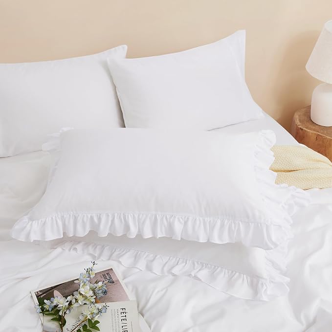Horbaunal White Ruffle Sheets Queen Size 6 Piece, Fits 16" Deep Mattress, Microfiber White Queen Sheets with 2 Ruffled Pillowcases, Shabby Chic Bed Sheet Set