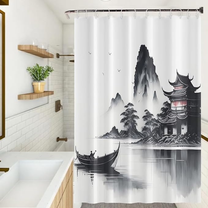 Abstract Ink Painting Shower Curtain Chinese Traditional Nature Landscape Mountains Lake Shower Curtains for Bathroom Accessories Waterproof Polyester Fabric with Hooks, 72 x 84 Inch