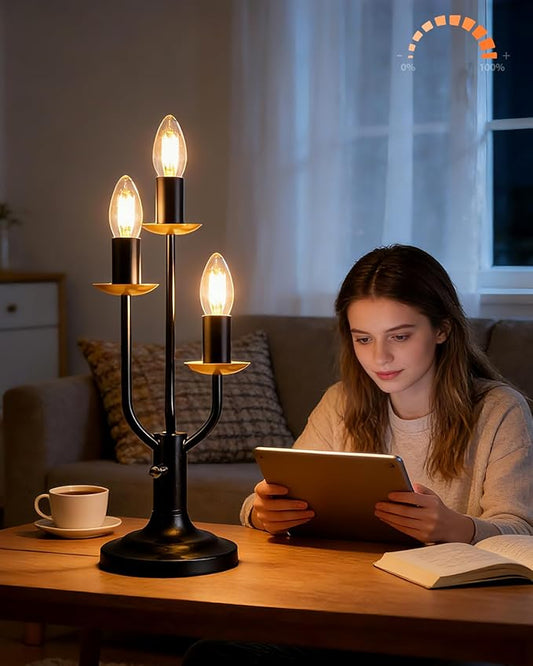 Lightdot Vintage Candle Table Lamp 3 - Light Candelabra Desk Lamp for Wedding/Party, 3000K Warm White Mid Century Nightstand Lamp Dimmable Bedside Lamps for Bedroom/Dining - Black