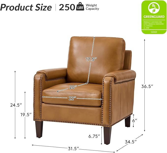 HULALA Home Genuine Leather Accent Chair with Wooden Legs & Nailhead Trim, Comfy Upholstered Armchair with Removable Cushion & Rolled Arms Set of 2 (Camel)