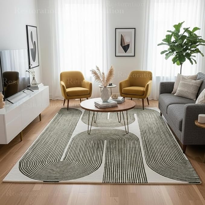Modern Handmade Wool Area Rug, Abstract Curved Line Geometric Carpet for Living Room Bedroom, Contemporary Tufted Indoor Rug with Soft Pile and Cotton Backing (Olive, 9' x 12')
