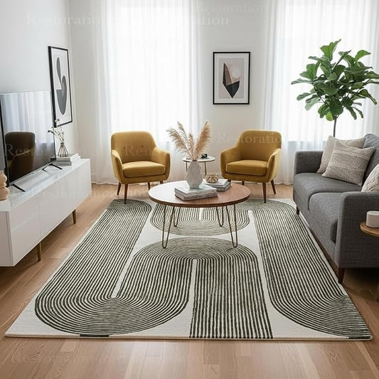 Modern Handmade Wool Area Rug, Abstract Curved Line Geometric Carpet for Living Room Bedroom, Contemporary Tufted Indoor Rug with Soft Pile and Cotton Backing (Olive, 4' x 6')