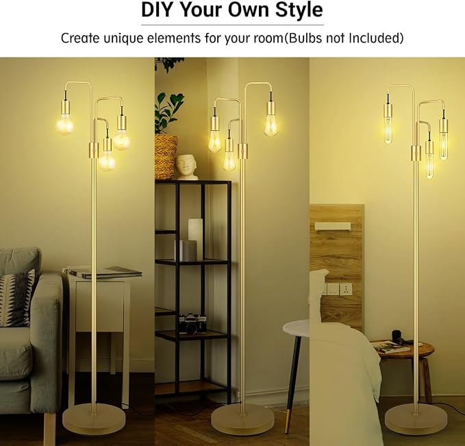 BoostArea Industrial Floor Lamp for Living Room,Gold Modern Standing Lamp Stand Up Lamp with 3 Light, Bulbs Not Included,Simple Design Floor Lamp for Bedroom, Living Room, Office, Kids Room, Reading