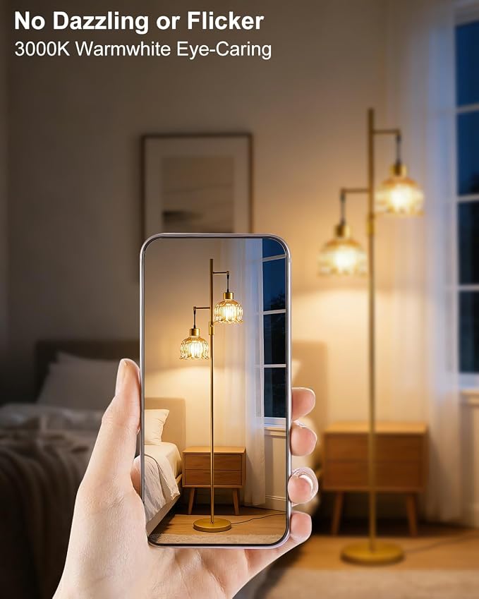 2-Light Modern Glass Floor Lamp, Gold Tall Standing Lamp with Amber Flower Glass Shade for Reading, Dimmable LED Floor Lamp with 5Lbs Heavy Base for Living Room Bedroom Home Decor, Bulb Included