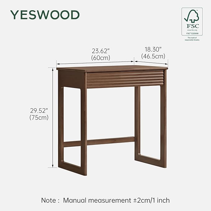 YESWOOD Solid Wood Desk, Walnut Finish Small Writing Desk, Home Office Desk, Computer Desk with 2 Drawers for Small Spaces Study Room Office Bedroom Work 23.62" W