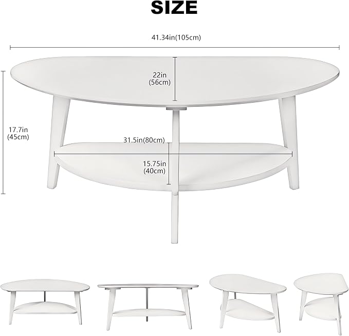 NAVREX Mid Century Modern Coffee Table, Oval Coffee Tables with Storage for Living Room, 2 Tier Solid Wood Center Table, White Coffe Tables, Easy Assembly, Value Lies in Material 40.2" D x 22" W