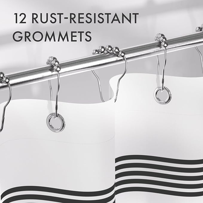 AmazerBath Shower Curtain, Striped Black Fabric Shower Curtain Set with 12 Shower Curtain Hooks, Rustic Cloth Black and White Curtain, Farmhouse Bathroom Shower Curtain Sets, 72x84 Inches