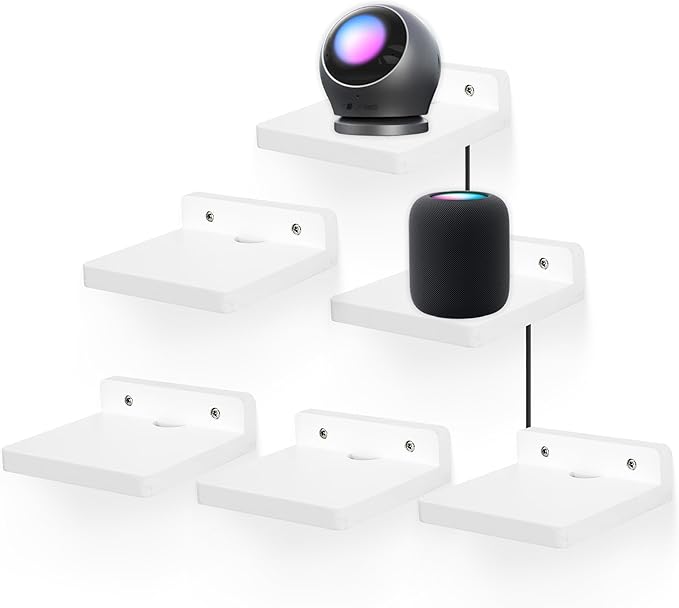 Small Floating Shelf for Wall,5 Inch Wooden Wall Shelf Set of 6,Mini Speaker, Baby Monitor,Cameras，Figurines Display Stand, for Bedroom, Gaming Room, Living Room, Bathroom, Office(White)