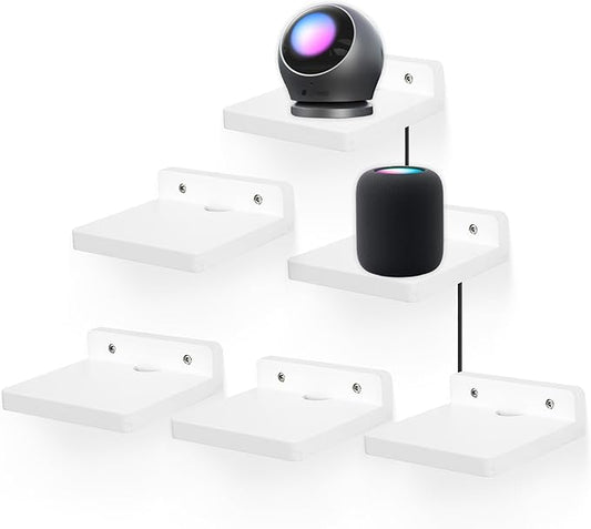 Small Floating Shelf for Wall,5 Inch Wooden Wall Shelf Set of 6,Mini Speaker, Baby Monitor,Cameras，Figurines Display Stand, for Bedroom, Gaming Room, Living Room, Bathroom, Office(White)