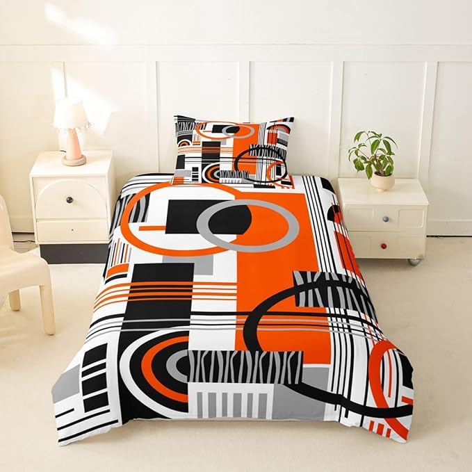 Erosebridal Art Deco Mid Century Duvet Cover Set Retro Modern Abstract Geometric Twin Bedding Sets for Girls Little Boys Black and White Orange Circles Stripes Comforter Cover Contemporary Bed Set