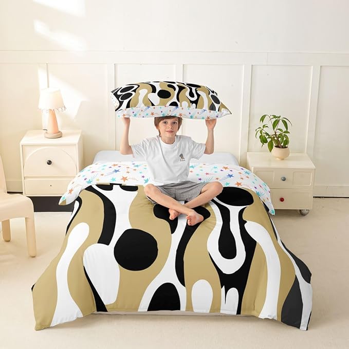 Erosebridal Organic Geometric Duvet Cover Set Modern Abstract Girl Toddler Bedding Set for Teen Boys Retro Mid Century Comforter Cover Modern Fluid Art Irregular Circles Bed Sets,Beige Black