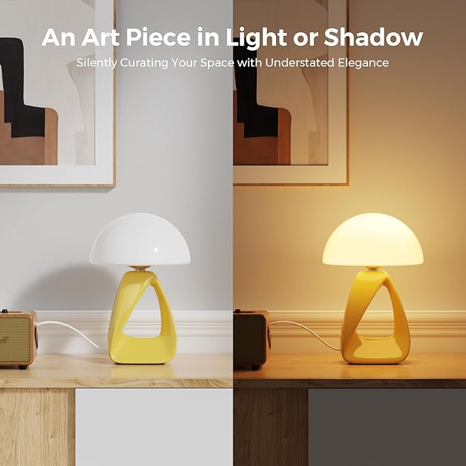 Mushroom Lamp, Small Table Lamp for Bedroom, Creative Geometric Ceramic Base Bedside Lamp, Mid Century Modern Side Table Lamp for Living Room Nightstand, Unique Aesthetic Home Decor Gift Ideas, Yellow