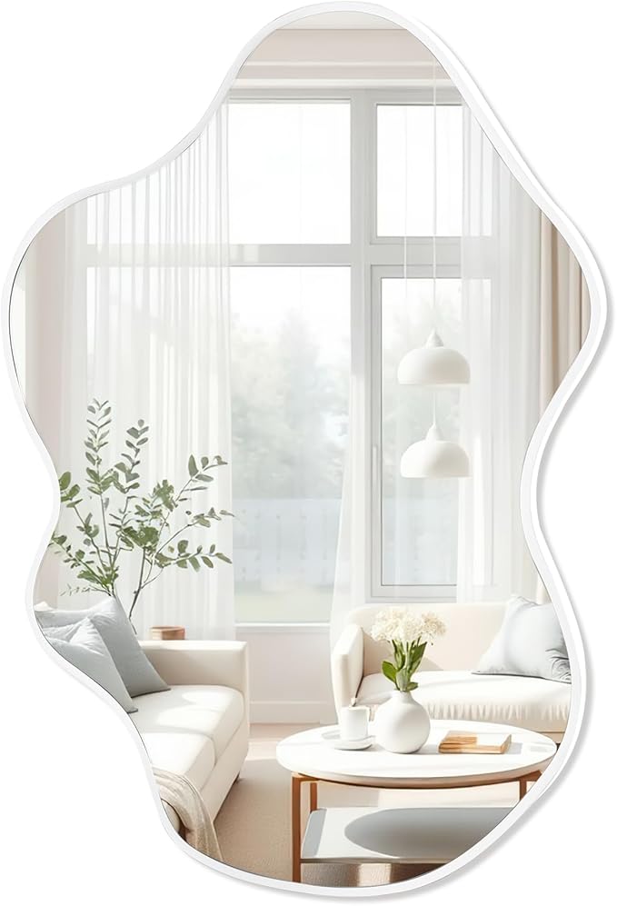 Tanmicoshomy White Irregular Wall Mirror 24x36 Inch, Cloud Shaped Frame Asymmetrical Wavy Mirror with Tempered Glass for Bathroom Bedroom Living Room or Entryway