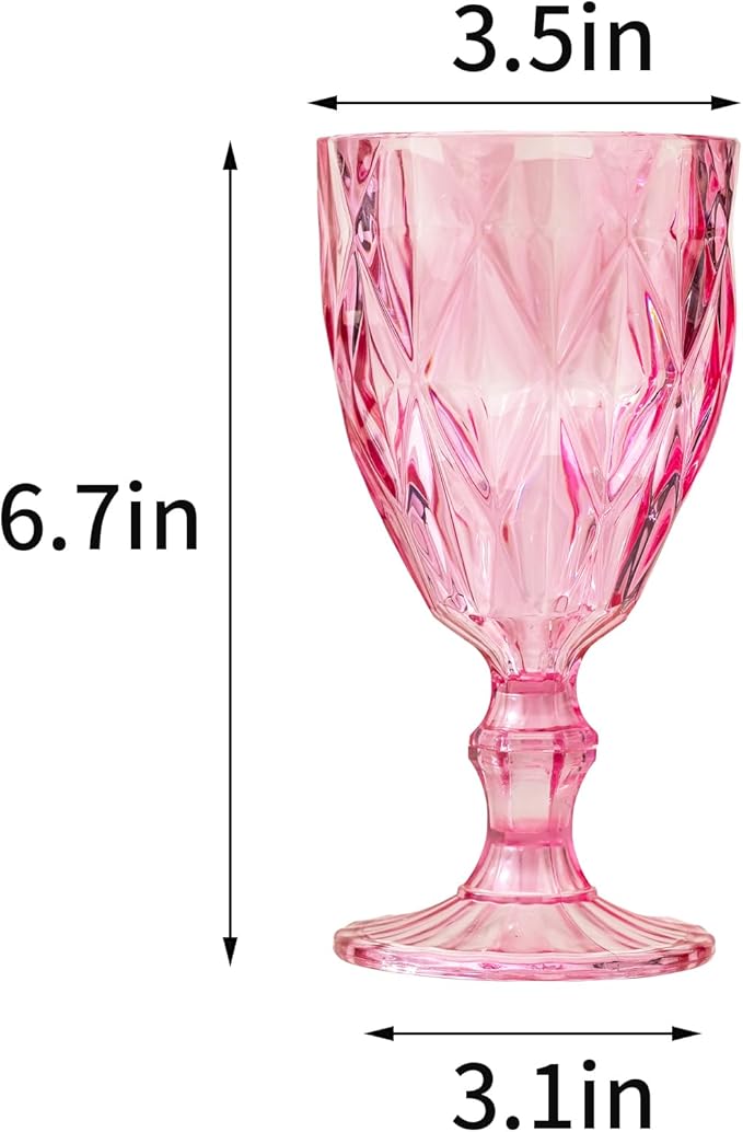 24 Pack Vintage Wine Glasses, Plastic Reusable 12 Ounce Colored Water Goblets, Unique Embossed Pattern Unbreakable Stemmed Wine Glasses High Clear Wedding Party Bar Drinking Cups Pink