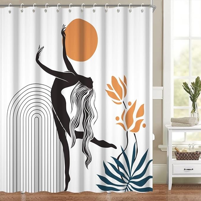 Boho Shower Curtain for Bathroom Female Dancer Holds The Sun Leaf Abstract Floral Shower Curtains Modern Minimalist Bathroom Decor Machine Washable Waterproof Polyester Fabric with Hooks 65x72 Inch
