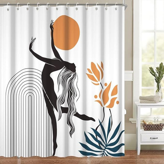 Boho Shower Curtain for Bathroom Female Dancer Holds The Sun Leaf Abstract Floral Shower Curtains Modern Minimalist Bathroom Decor Machine Washable Waterproof Polyester Fabric with Hooks 65x72 Inch