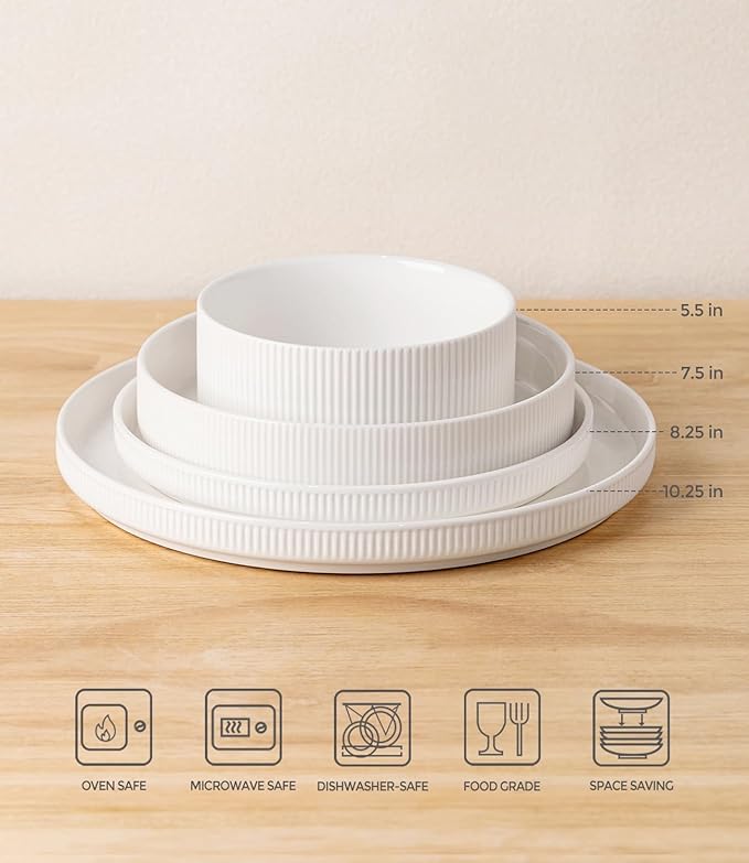 TheTerra Ceramic Dinnerware Sets with Pasta Bowls for 4, 16 Pieces Porcelain Lightweight Plates and Bowls Sets, Scratch Resistant Dish Set, Oven & Microwave & Dishwasher Safe, Bright White