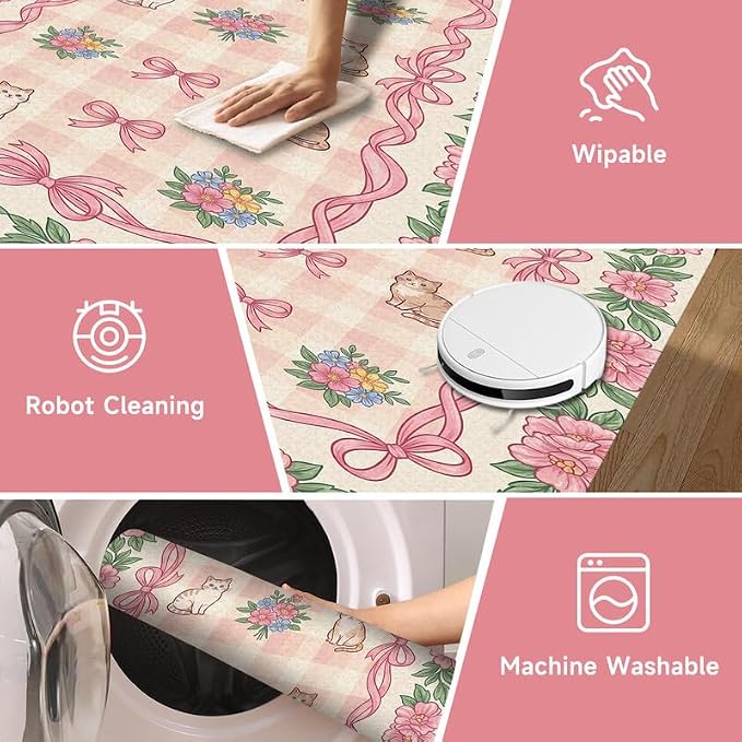 6'x9' Cat Floral Area Rug Pink Bow Flower Carpet Washable Rug Cute Cartoon Boho Floor Mat for Bedroom Living Room Nursery Playroom Classroom Home Decor