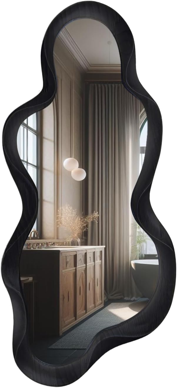 48"x 22" Irregular Wall Mirror, Wood Black Framed Wall Mirror, Asymmetrical Wall Wavy Mirror for Living Room Bedroom Entryway Bathroom Modern Decorative Mirror with Hanging Hooks