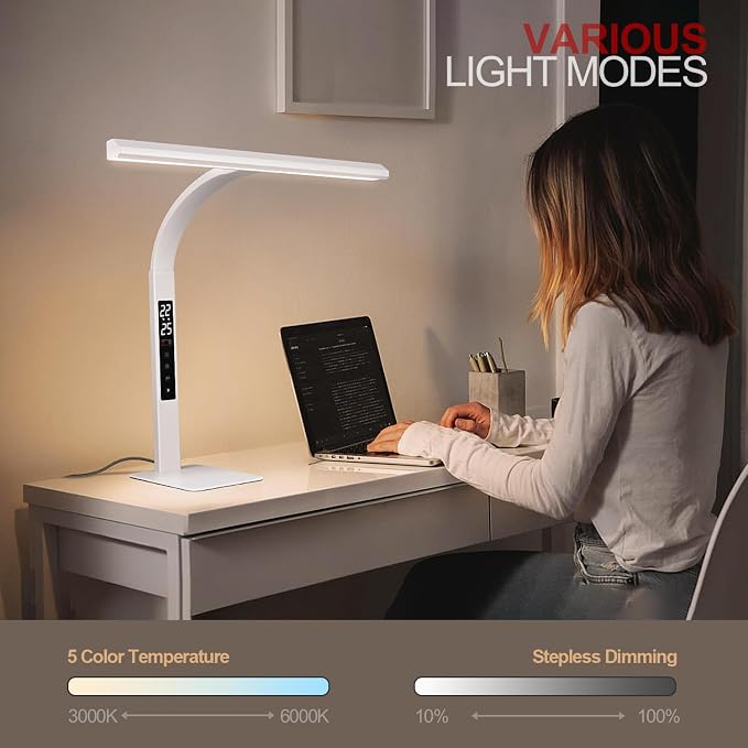 LED desk lamp for home office, architect computer work light,Touch color temperature stepless dimming and adjustable flexible gooseneck tube. desk lamp with clock , suitable for reading and studying.