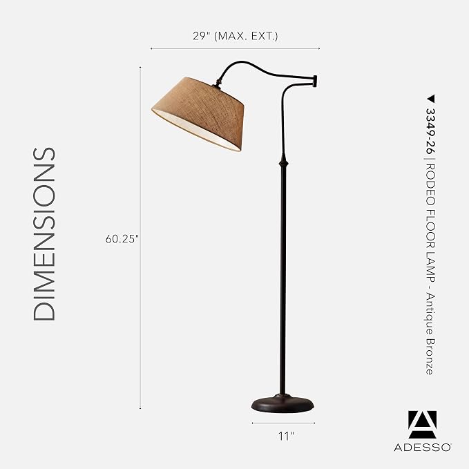 Adesso Floor Lamp, Antique Bronze Finish, Khaki Burlap Lampshade – 3-Way Brightness, Adjustable Overhead Bedroom, Home Office Lighting, or Living Room Decor, 60.25” Tall
