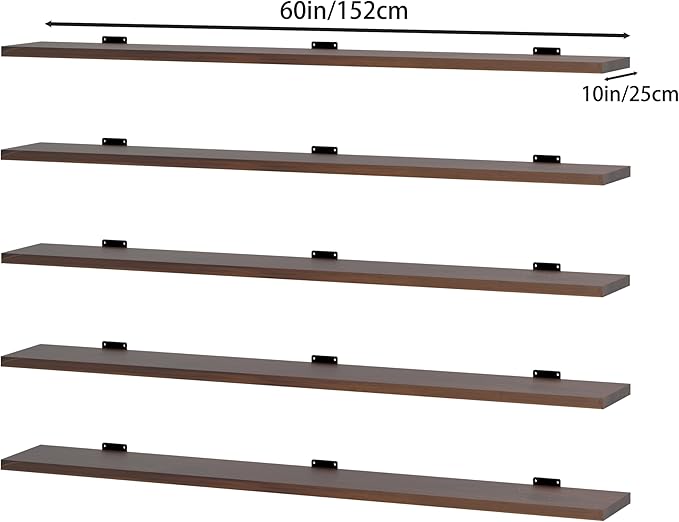 5 Tier Book Shelf,60 inch Long Floating Shelf for Wall,Adjustable Large Bookcase,Wall Mounted Bookshelf for Living Room