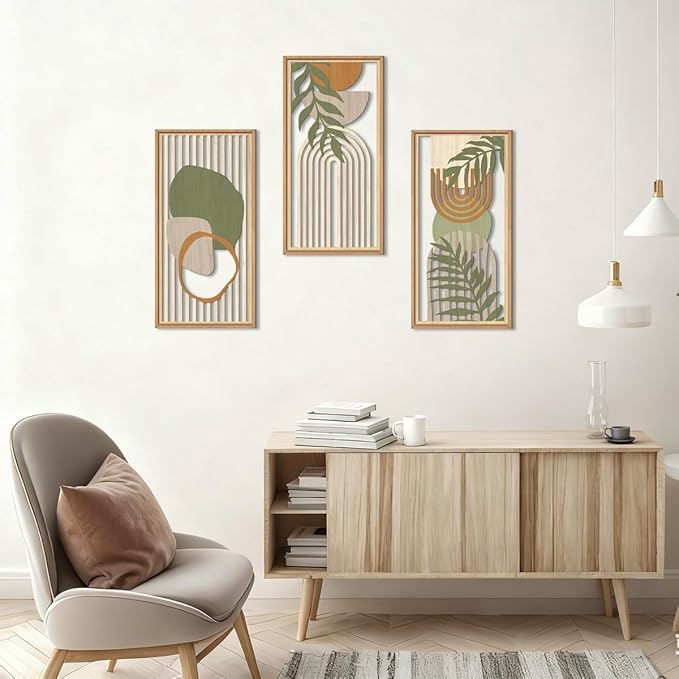 IARTTOP Boho Mid-century Modern Wood Wall Art 8x16 Inch Framed Green Bohemian Abstract Wooden Wall Decor Set of 3 Minimalist Geometric Leaf Artwork for Living room Bedroom Office