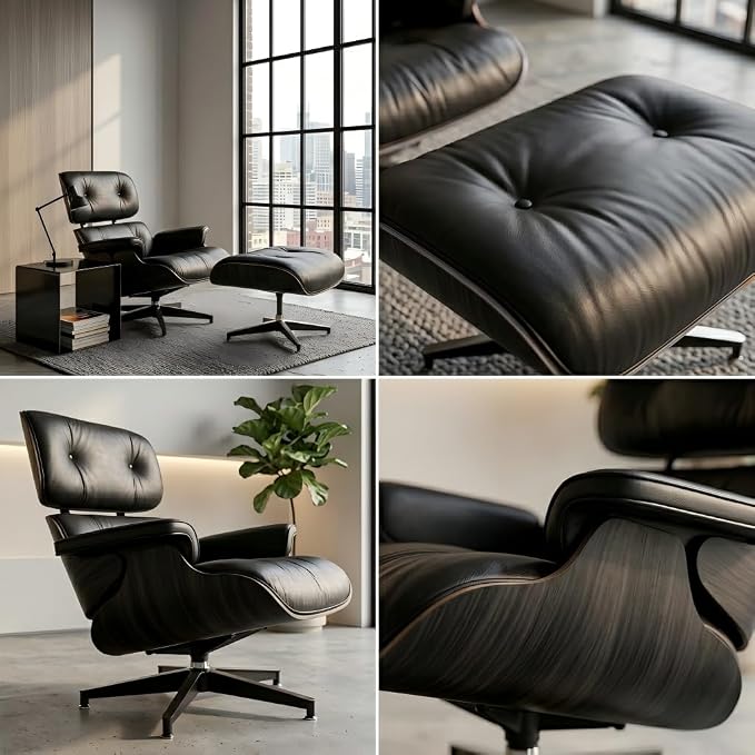 Mid Century Chaise Lounge Chair with Ottoman, Top Black Grain Leather, Modern Office Chair Classic Design, Heavy Duty Base Support for Living Room Study Lounge Office