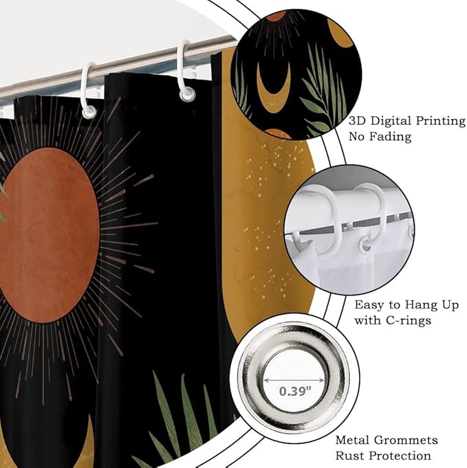 Black Mid Century Boho Shower Curtain for Bathroom Green Leaves Arch Sun Moon Shower Curtains Bohemian Abstract Bathroom Decor Set Washable Waterproof Polyester Fabric with Hooks 65x72 Inch