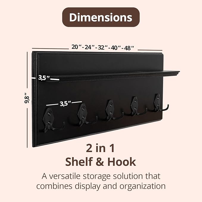 Rustic Wall Mounted Coat Rack with Shelf Wooden Entryway Organizer with 5 Metal Hooks for Coats Hats Towels Keys Floating Storage Shelf for Bathroom Bedroom (Black, 45 inch 8 Hooks)