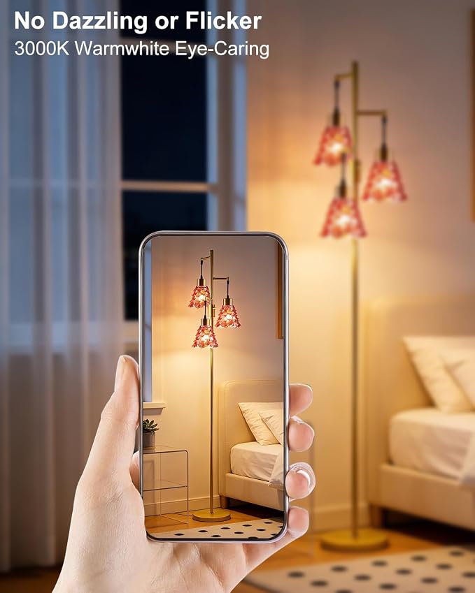 Lightdot 67" Glass Floor Lamps for Living Room, 3-Light Dimmable Floor Lamp with Rose Red Glass Shade& Bulbs Included, Mid Century Standing Tall Lamp with 5Lbs Heavy Base for Bedroom/Sofa Beside-Gold