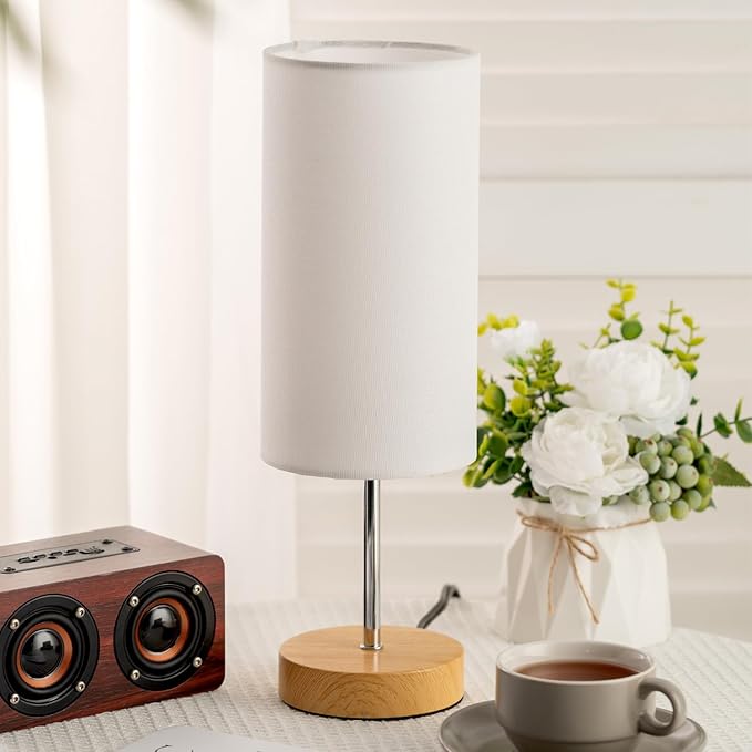 Small Table Lamp for Night Stands, Round White Fabric Shade and Wood Base, Modern Minimalist Bedside Lamps for Bedroom Dresser, Living Room, Dffice Desk, College Rorm, Warm Light, 5W LED Bulb Included