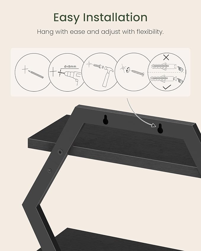 CHOEZON Hexagon Floating Shelves for Wall, Set of 2, 2 -Tier Hanging Shelves, Wall Mounted Storage Shelves, for Living Room, Bedroom, Kitchen, Home Office, Study, Black TBJ06P2BB
