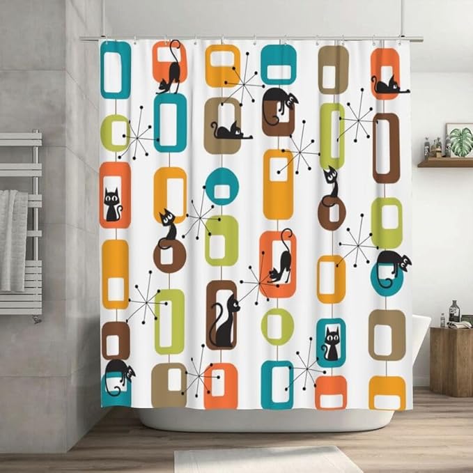 Cats Shower Curtains Mid Century Retro Atomic Black Cat Geometric Abstract Cubes Pattern Duty Fabric Shower Curtain Set Bathroom Polyester Waterproof with 12 Hooks,72x72Inch（183x183cm）