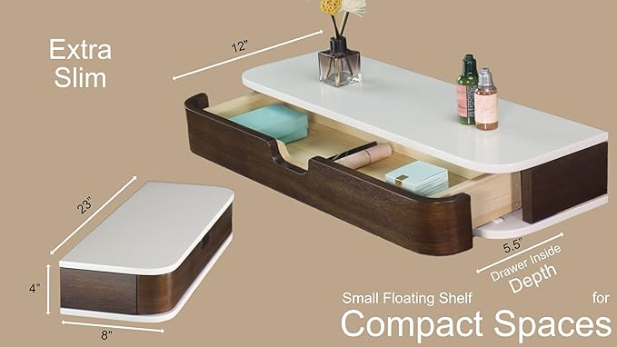 Floating Shelf with Drawer - Walnut Floating Shelves - Floating Drawers for Wall - Wall Shelf for Living Room Office - Floating Shelves Bathroom Vanity Shelves 8 Inch Depth