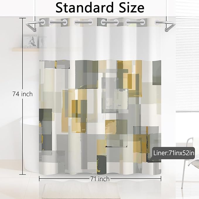 No Hook Shower Curtain with Snap in Liner, Modern Abstract Geometric Print, Grey & Gold Shower Curtains with See Through Mesh Top Window, Waterproof Cloth Fabric, 71x74 Inch