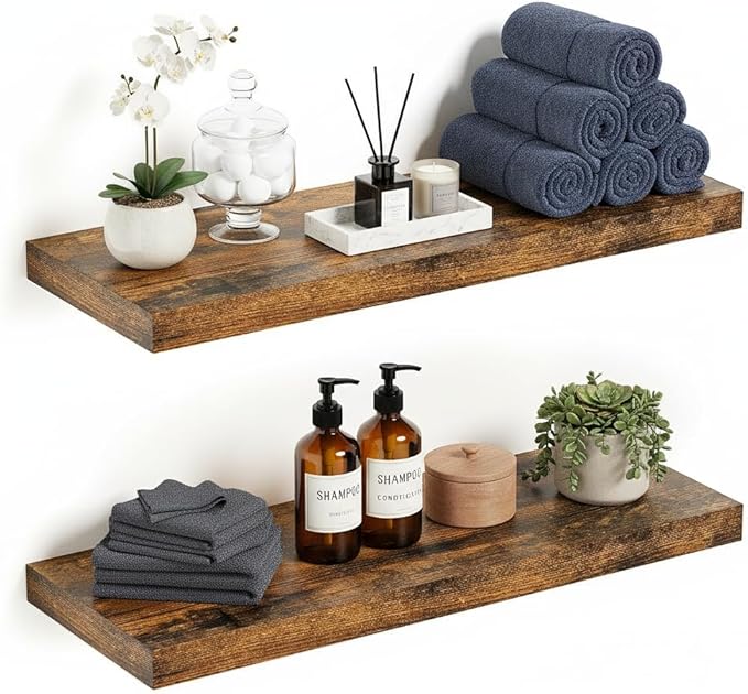 Vivelove Floating Shelves for Wall, 24 inch Wall Shelves for Bathroom Bedroom, Living Room, Kitchen, Office, Rustic Farmhouse Shelf Decor with Invisible Bracket, 24x9x1.6, Set of 2, Rustic Brown